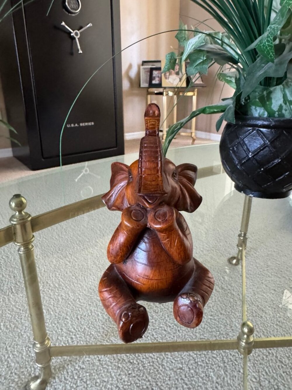 Whimsical Brown Wood Look Resin Elephant Figurine Trunk Up 6in